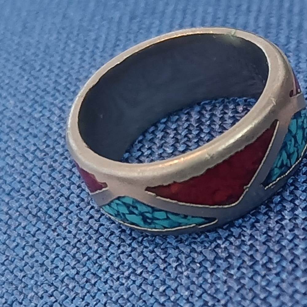 Artistic Silver Ring with Red and Turquoise Accents